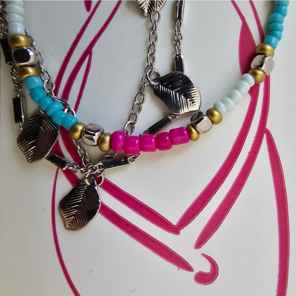 NWT So 3 Piece Women’s Beaded Ankle Bracelet Set Tribal Leaf Aztec Beach Jewelry
